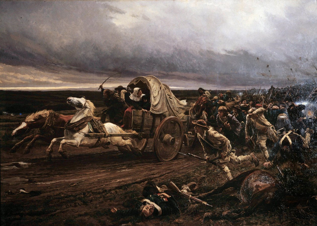 1793 年 3 月，旺代的 "肖莱叛乱"（deroute of Cholet）武装起义，10 月遭到国民大会和共和军的谴责，"白军 "向卢瓦尔河撤退。儒勒-吉拉代（1856-1938 年）的绘画作品 作者 朱尔斯·吉拉德