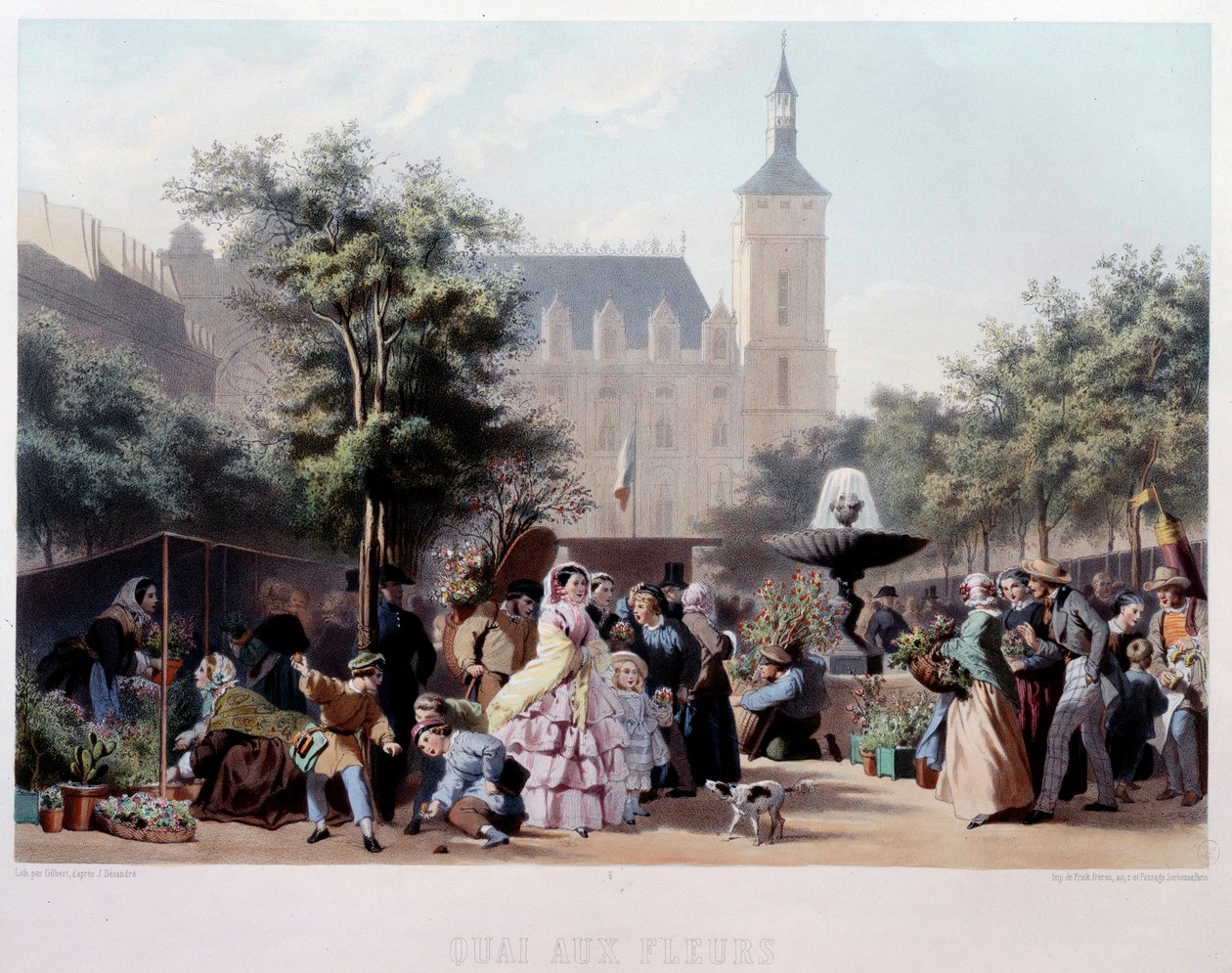 巴黎的Quai aux Fleurs景观 在Ile de la Cite上散步。Jules Marie Desandre (1845-?)的石版画 19世纪 巴黎，卡纳瓦莱博物馆 作者 朱尔斯·玛丽·迪桑德雷