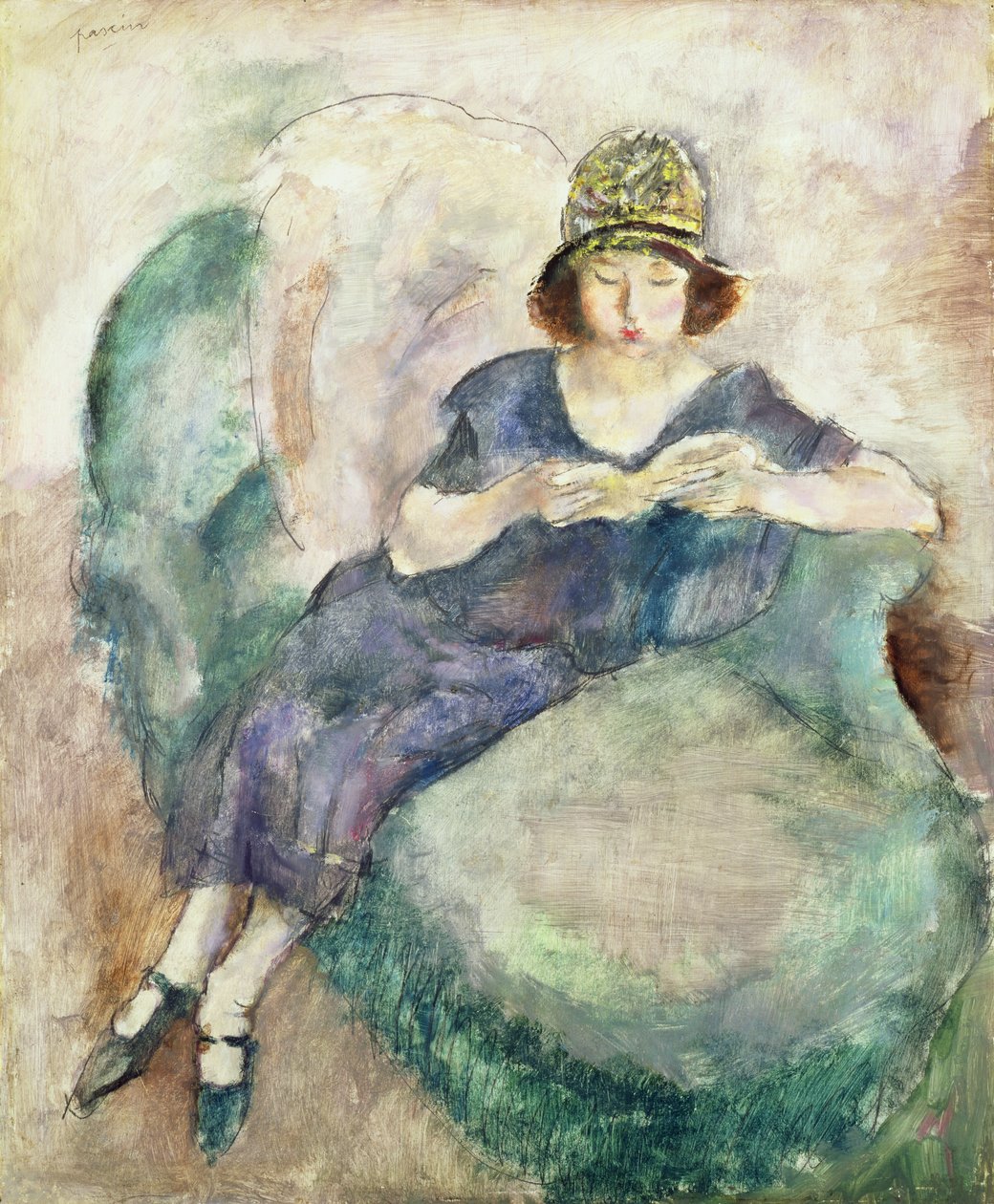 蓝色读书的女孩在沙发，1926-27 作者 朱尔斯·帕辛