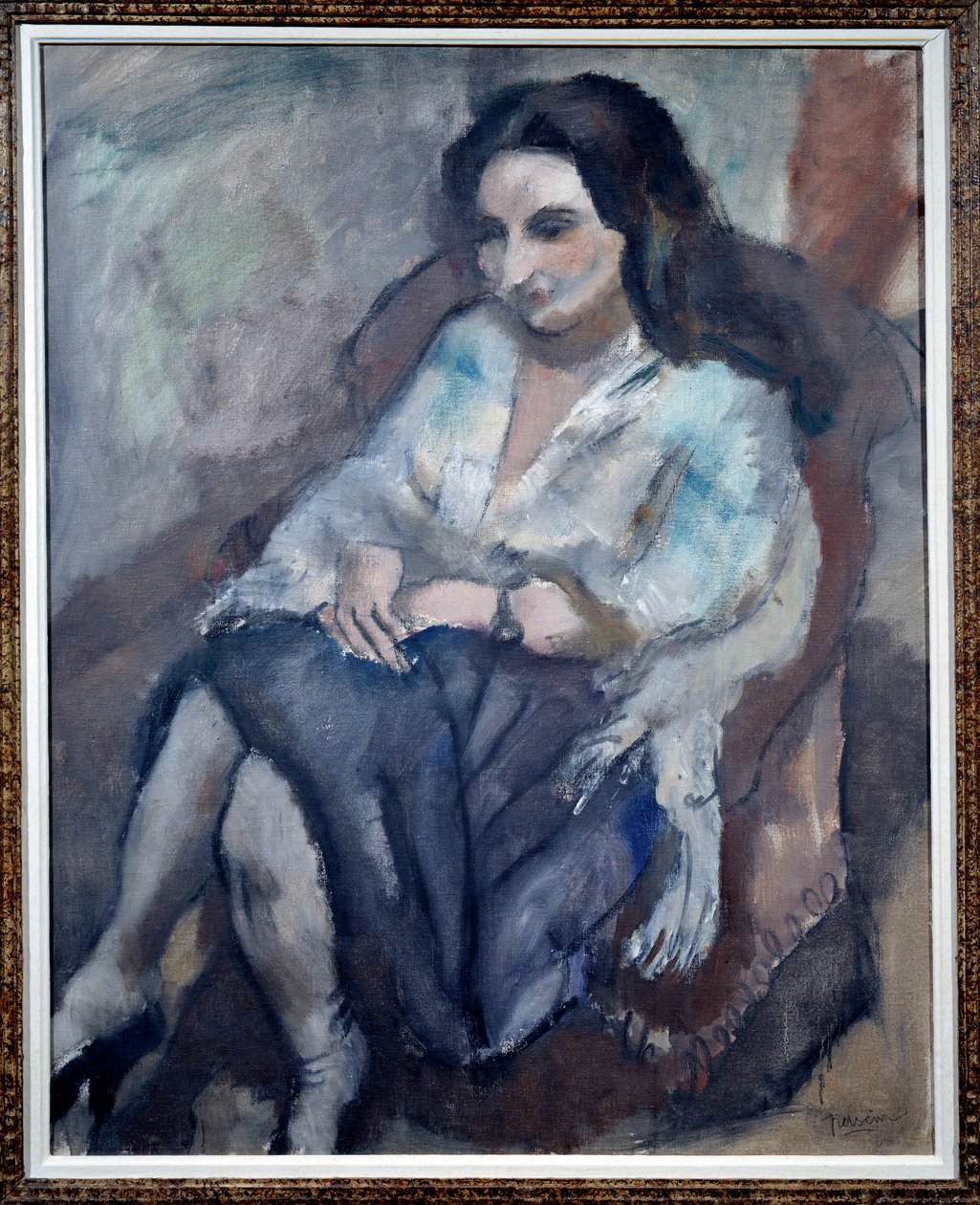 安德烈的画像。 一个坐着的女人的画像。 朱尔斯·帕辛 (Jules Pascin) 的绘画 (1885-1930) 作者 朱尔斯·帕辛