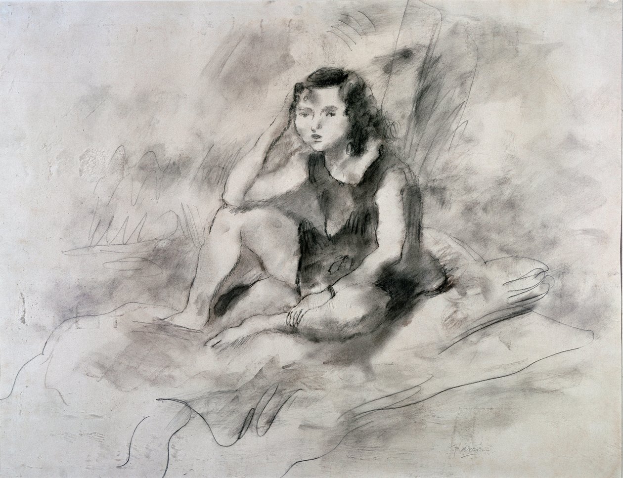 坐着的女孩（水彩和水墨，约 1910 年） 作者 朱尔斯·帕辛