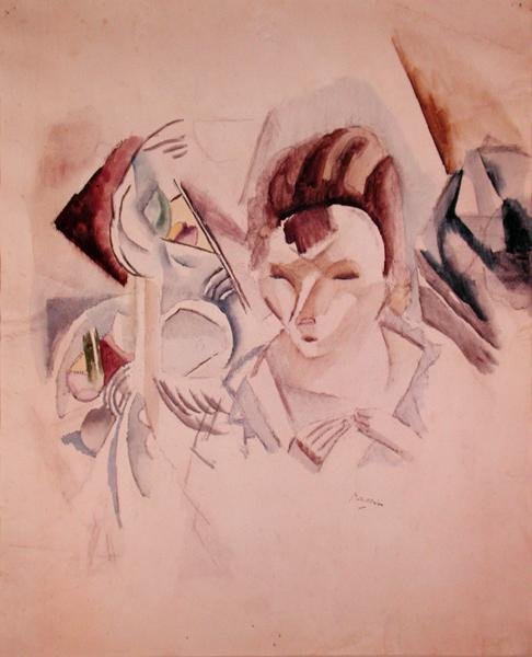女人和静物，约1917年（纸上水彩和铅笔）。 作者 朱尔斯·帕辛