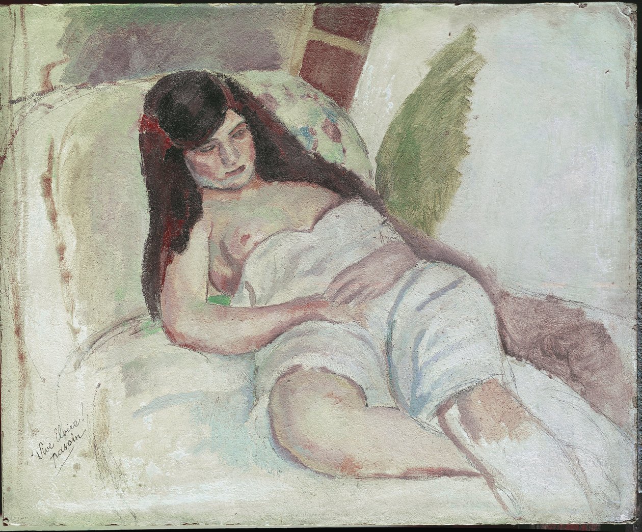 躺着的女人（刻有Vive Elvire）。(木板油彩，20世纪) 作者 朱尔斯·帕辛