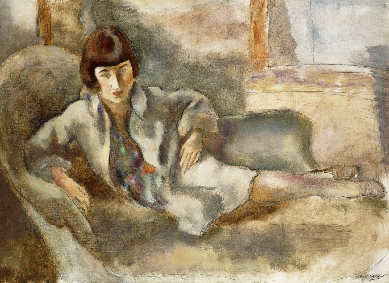 女人坐在沙发上；烤面包片夫人，约1927年 作者 朱尔斯·帕辛
