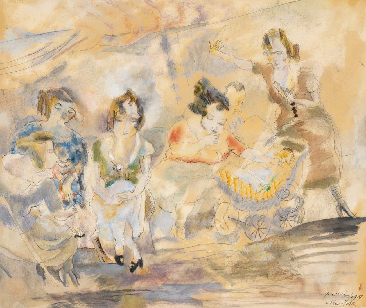 婴儿车的女人，纽约，1919年（wc在纸上） 作者 朱尔斯·帕辛