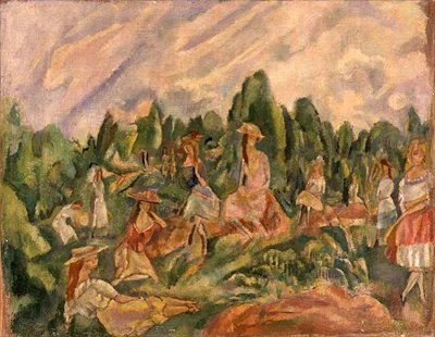 风景中的年轻女性，约1920年（布面油画） 作者 朱尔斯·帕辛