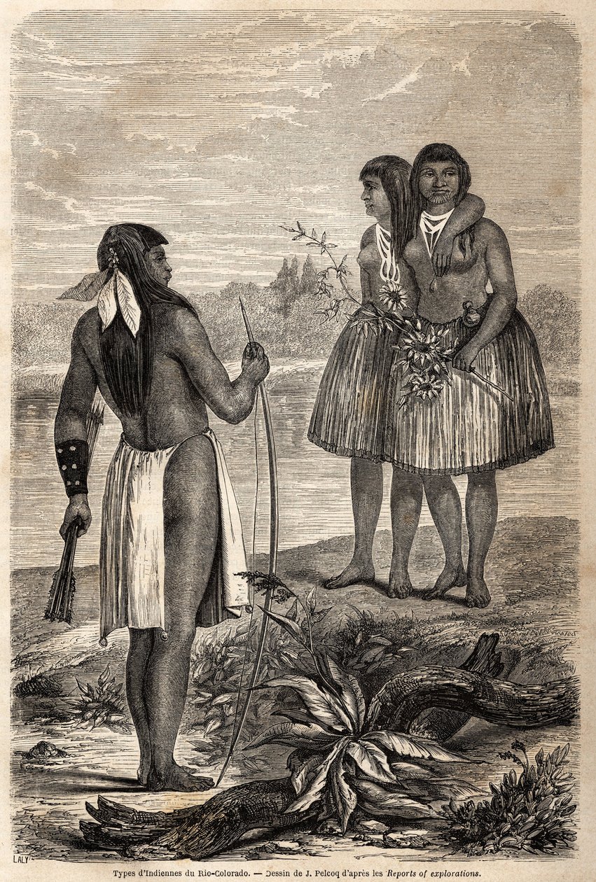来自科罗拉多河的印第安人类型，由Jules Pelcoq绘制，用于说明1850-1852年沃根男爵前往加利福尼亚的故事。雕刻在 "世界之旅，新的航海日志 "巴黎。 作者 朱尔斯·佩尔科克（Jules Pelcoq）