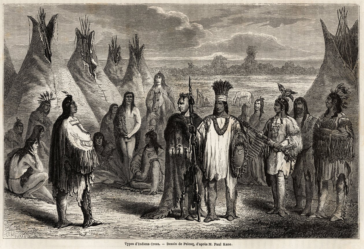 加拿大克瑞斯族印第安人的类型，由Pelcoq绘制，用于说明1857-59年John Palliser船长对落基山脉的探索。雕刻在 "世界之旅，新的航行日志 "巴黎。 作者 朱尔斯·佩尔科克（Jules Pelcoq）