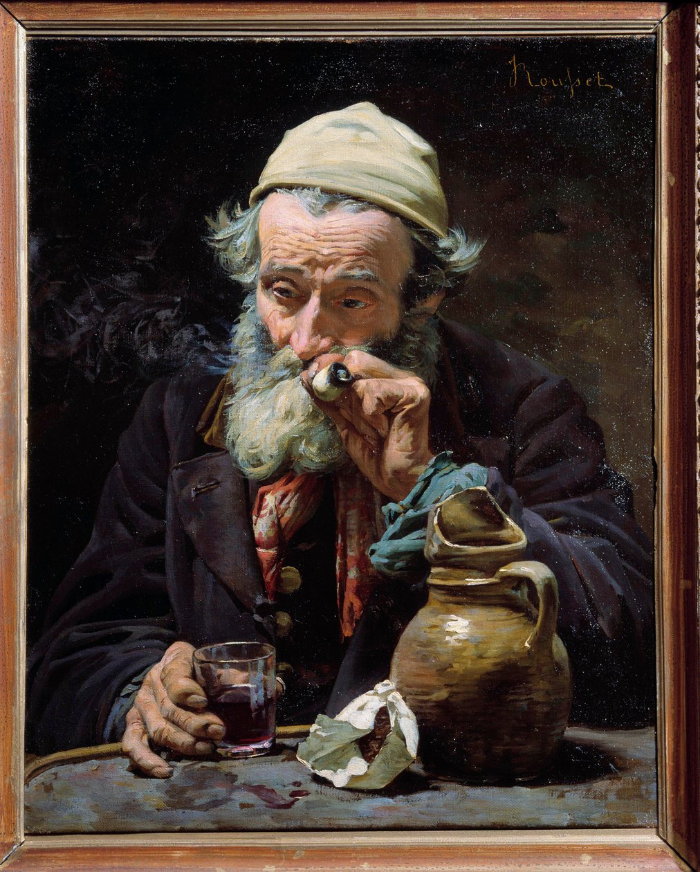 饮酒者 一位老人抽着烟斗，喝着一杯酒。 Jules Rousset（1840-？）的绘画，十九世纪奥尔良，美术博物馆 作者 儒勒·鲁塞