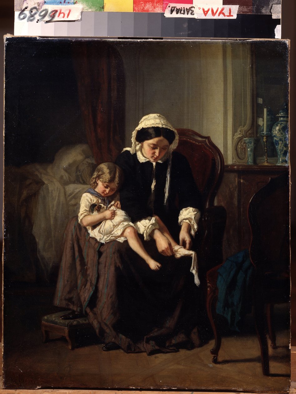 早上上厕所。 母亲（或仆人？）帮助孩子穿衣服。 朱尔斯·特雷耶（Jules Treyer，1824-1908）的绘画。 布面油画，47 x 39 厘米 作者 朱尔斯·特雷耶