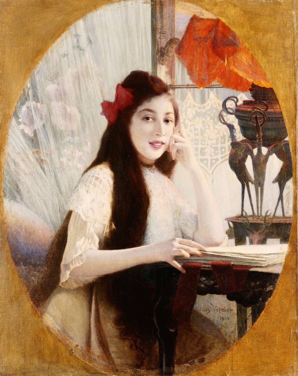 1904年，一个年轻女孩在办公桌上的肖像 作者 朱尔斯·威尔第（Jules Verdier）