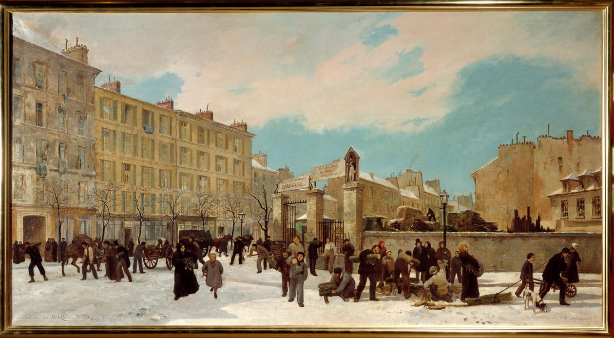 1871 年 1 月在 buruler boulevard du Montparnasse 的木材场 - 巴黎街景 - Jules Didier (1831-1892) 和 Jacques Guiaud (1811-1876) 的绘画 作者 Jules and Guiaud Jacques Didier