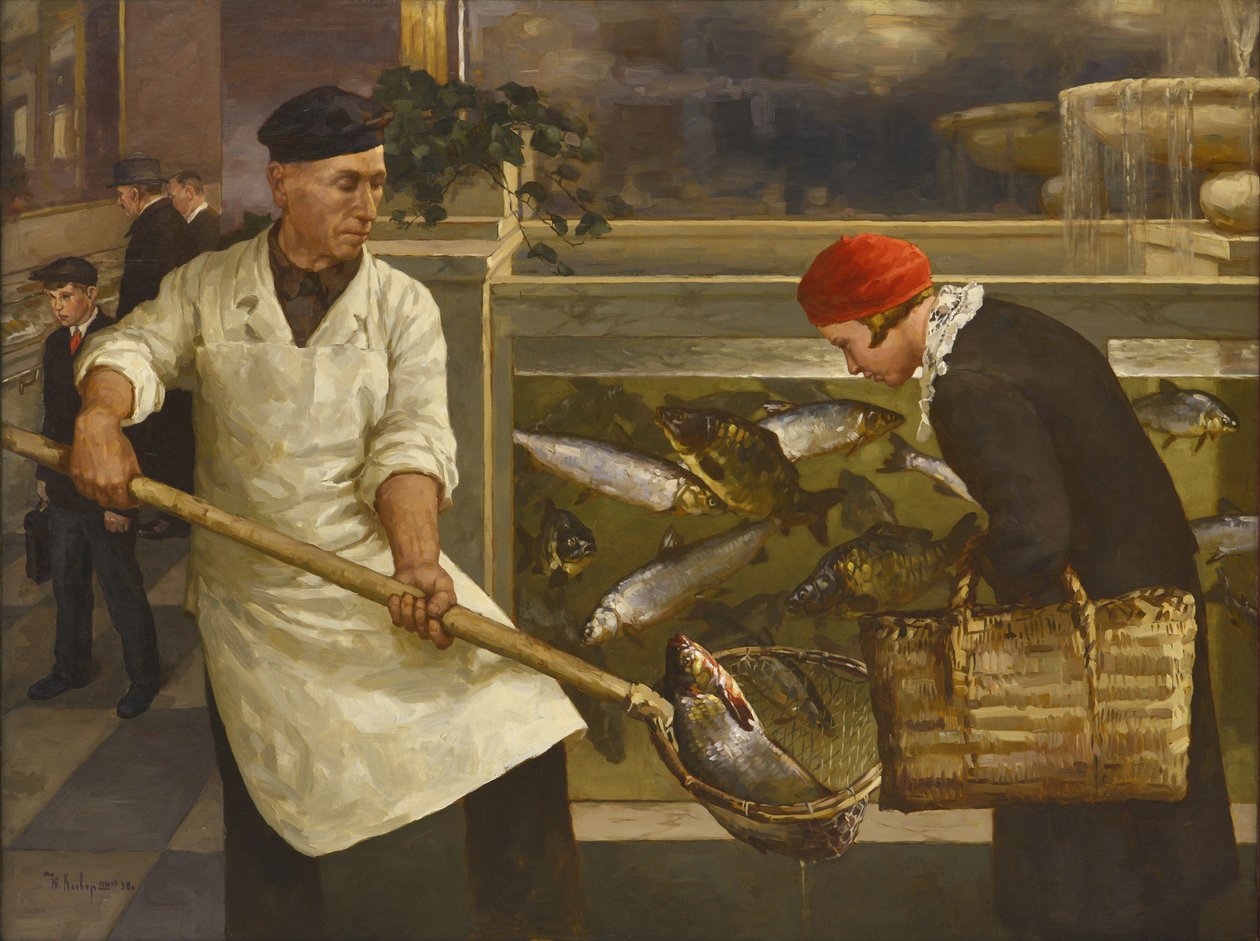 In a Fish Shop par Klever, Juli Julievich, the Younger (1882-1942)。布面油画，尺寸：130x176 作者 Juli Julievich the Younger Klever