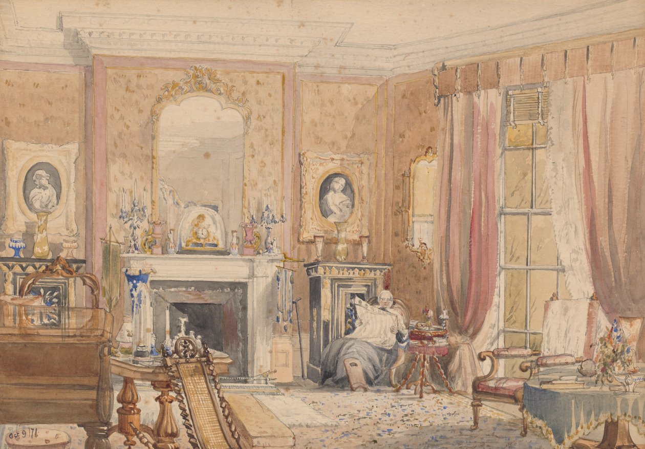 1871年在Monmouthshire的Bryn Glas的客厅（纸上写着） 作者 朱莉娅·麦克沃思（Julia Mackworth）