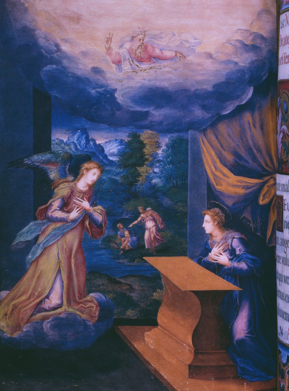 Fol.5v，Annunciation，来自西班牙国王菲利普二世的传统，1569年（羊皮纸） 作者 朱利安和利昂，安德烈斯·德·富恩特·德尔·萨斯