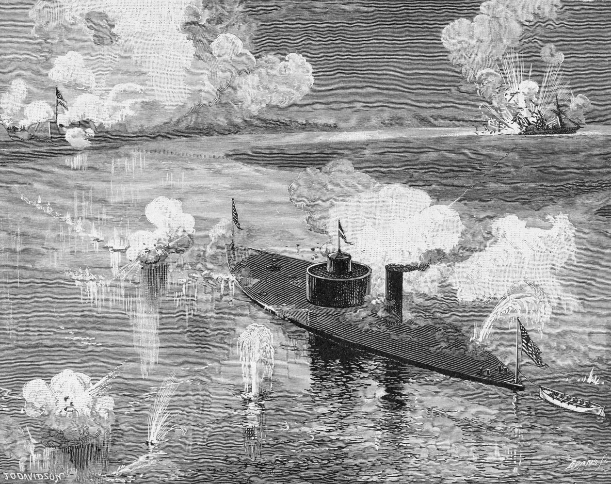 1863年2月28日，监视器&39;Montauk&39;在乔治亚州Ogeechee河附近的Fort McAllister附近摧毁了同盟者&39;纳什维尔&39;，由John William Evans（b.1855）镌刻 作者 朱利安·奥利弗·戴维森