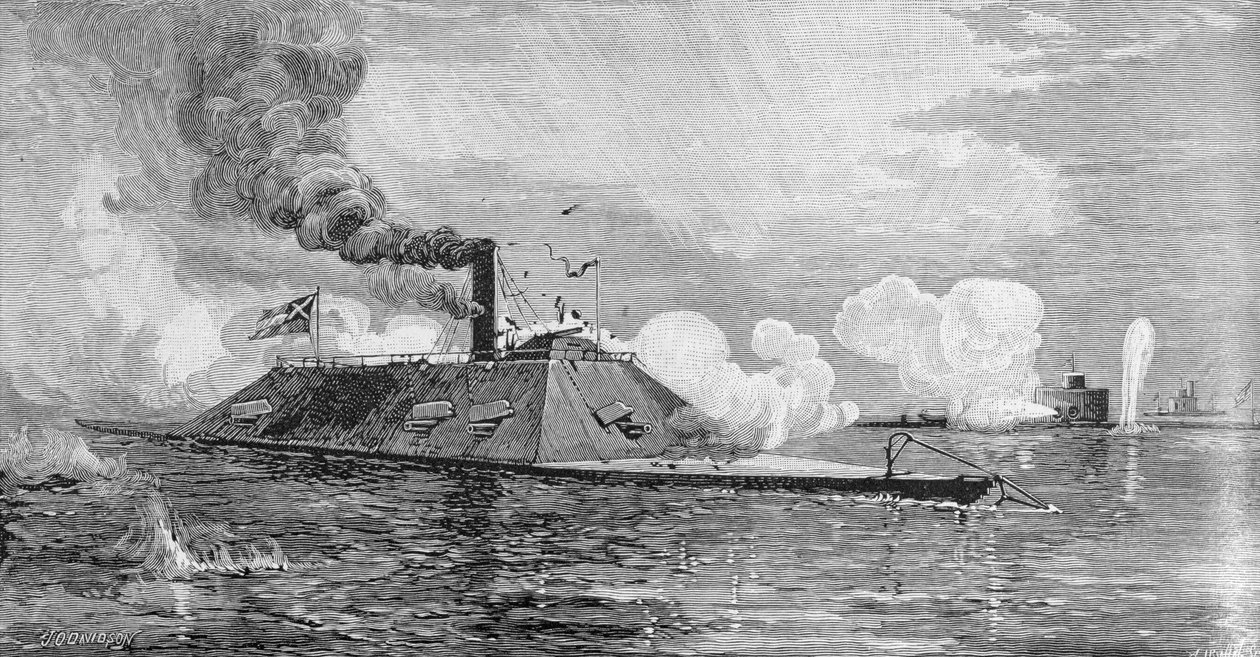 1863年6月17日格鲁吉亚Wassaw Sound，1863年6月17日，监视器&39;Weehawken&39;捕获同盟铁板公羊&39;亚特兰大&39;（正式为封锁跑者&39;Fingal&39;），由Allen Irwin雕刻，来自&39;Bat的插图 作者 朱利安·奥利弗·戴维森