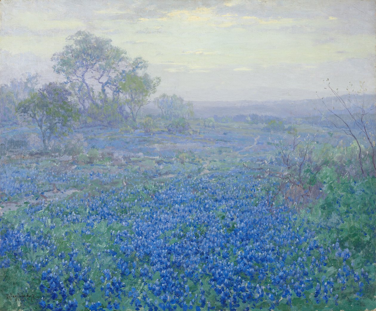 一个阴天，在圣安东尼奥，得克萨斯附近的Bluebonnets 作者 朱利安·昂德登克（Julian Onderdonk）