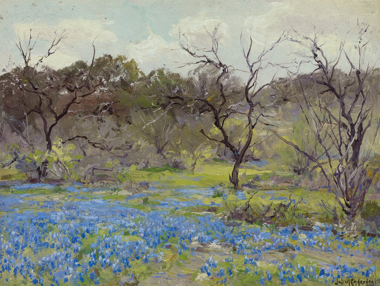 早春的Bluebonnets和Mesquite，1919年 作者 朱利安·昂德登克（Julian Onderdonk）