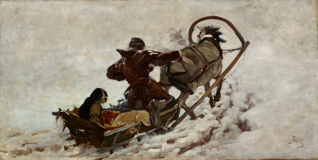 狩猎中的狗，约 1886 年（布面油画） 作者 朱利安·法拉特（Julian Falat）