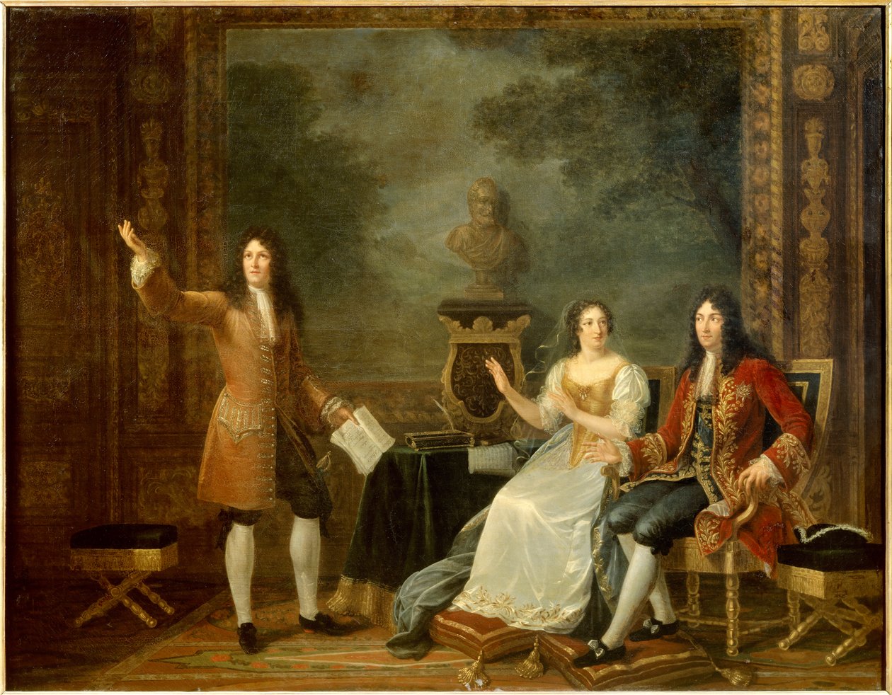 让·拉辛（Jean Racine，1639-1699 年）在路易十四（1638-1715 年）和曼特农侯爵夫人弗朗索瓦·德奥比涅（Francoise d’Aubigne，1635-1719 年）面前朗读《阿塔莉亚》。 朱莉·菲利普 (1780-1834) 的绘画 作者 朱莉菲利普