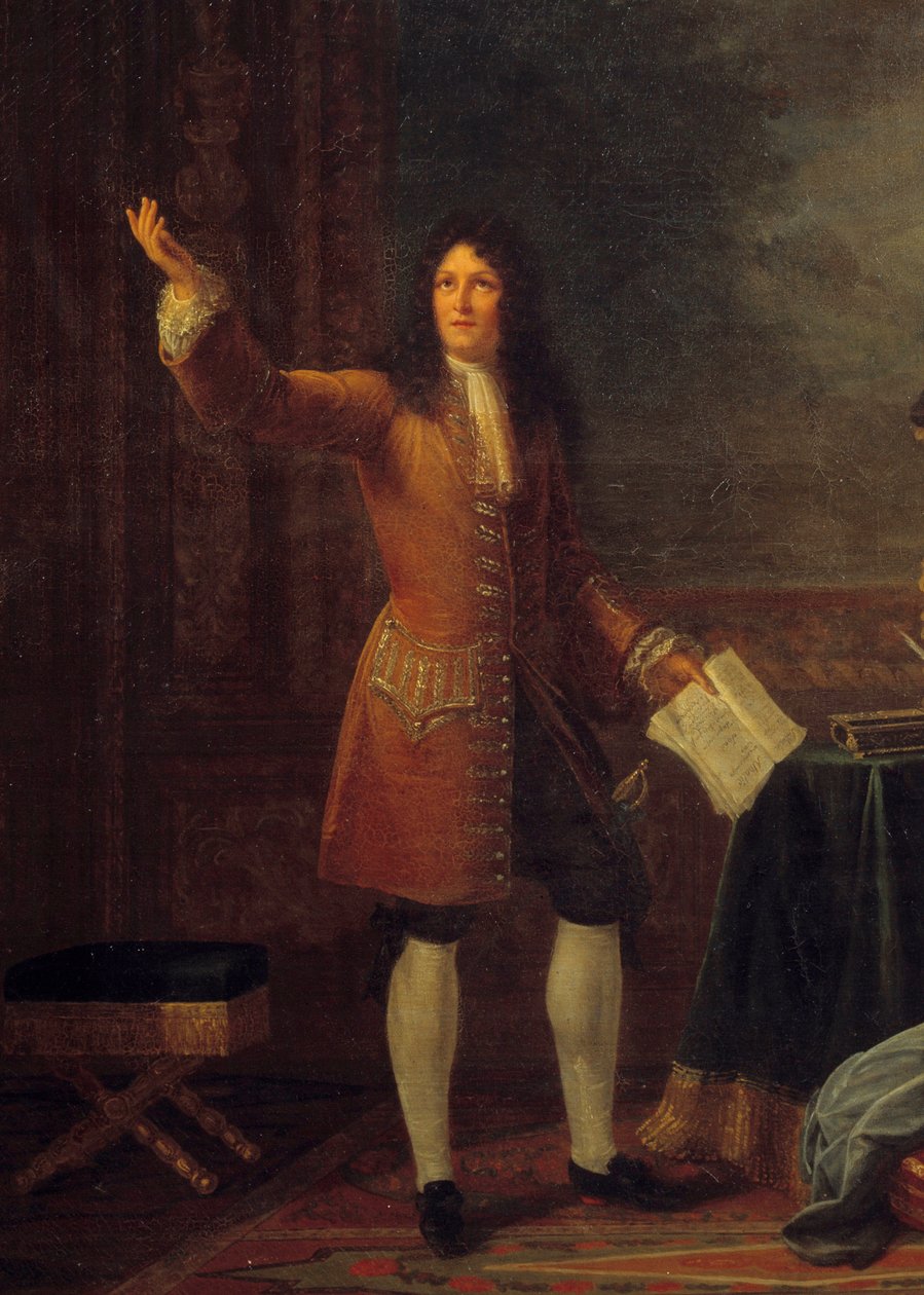 让·拉辛（Jean Racine，1639-1699）在法国国王面前朗读他的戏剧。 画作“让·拉辛（Jean Racine，1639-1699）在路易十四（1638-1715）和弗朗索瓦·奥比涅，曼特农侯爵夫人（Madame de Maintenon，1635-1719）面前阅读“阿塔莉”的细节”。 J 的绘画 作者 朱莉菲利普