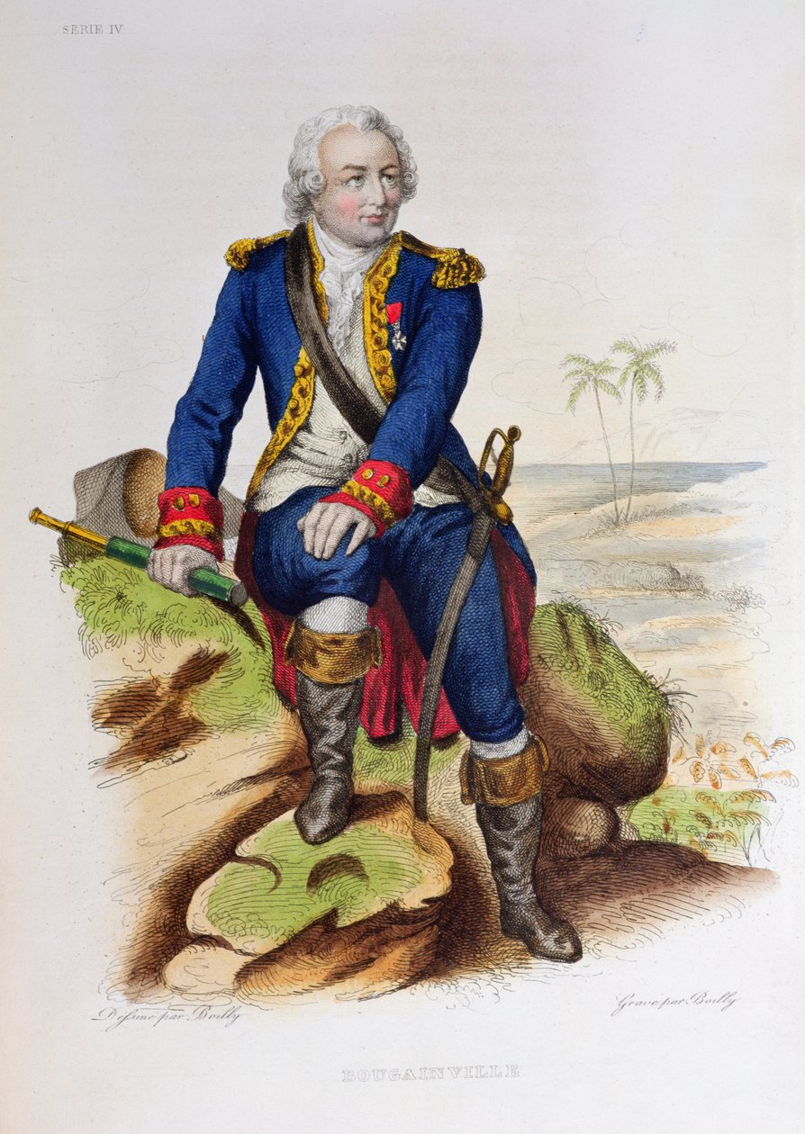 Louis Antoine de Bougainville（1729-1811）坐在一块岩石上，插图来自1859年巴黎Edouard Mennechet的“The French Plutarch”（彩色版画） 作者 朱利安·利奥波德·博伊（Julien Leopold Boilly）