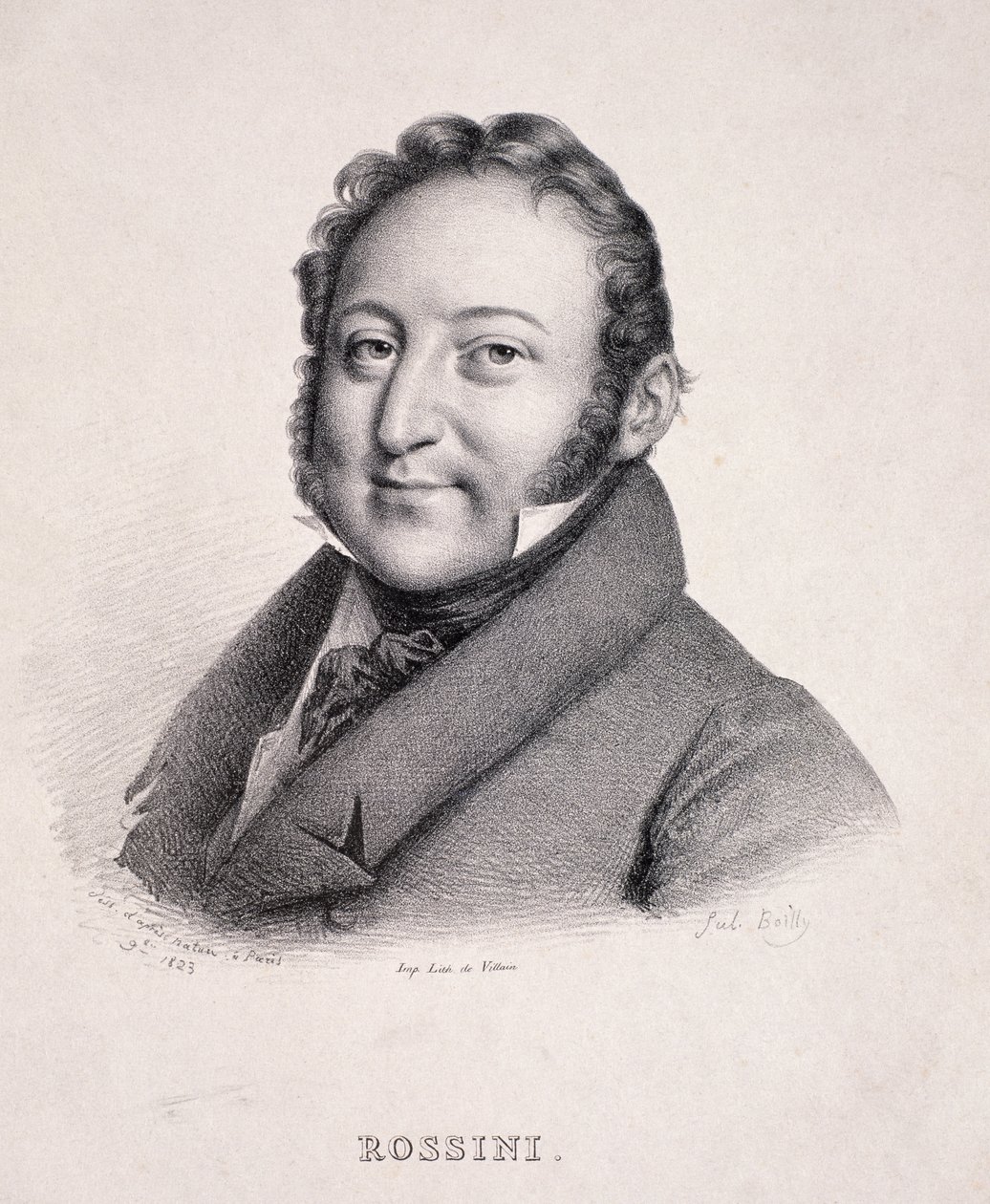 Gioacchino Rossini（1792-1868）的肖像，由Villain刻，1823年 作者 朱利安·利奥波德·博伊（Julien Leopold Boilly）