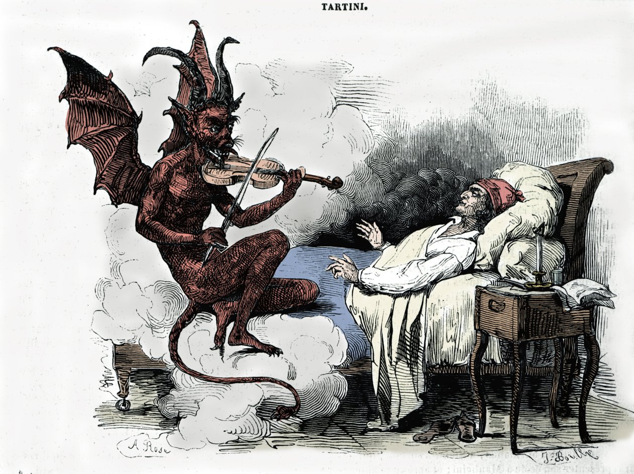 作曲家朱塞佩·塔蒂尼 (Giuseppe Tartini) (1692-1770) 的梦想：在他的《Sonata des trilles du Diable》（G 小调小提琴奏鸣曲）中，作曲家梦想以灵魂为代价与魔鬼订立契约，托付 他拉着小提琴，恶魔在演奏 作者 朱利安·利奥波德·博伊（Julien Leopold Boilly）