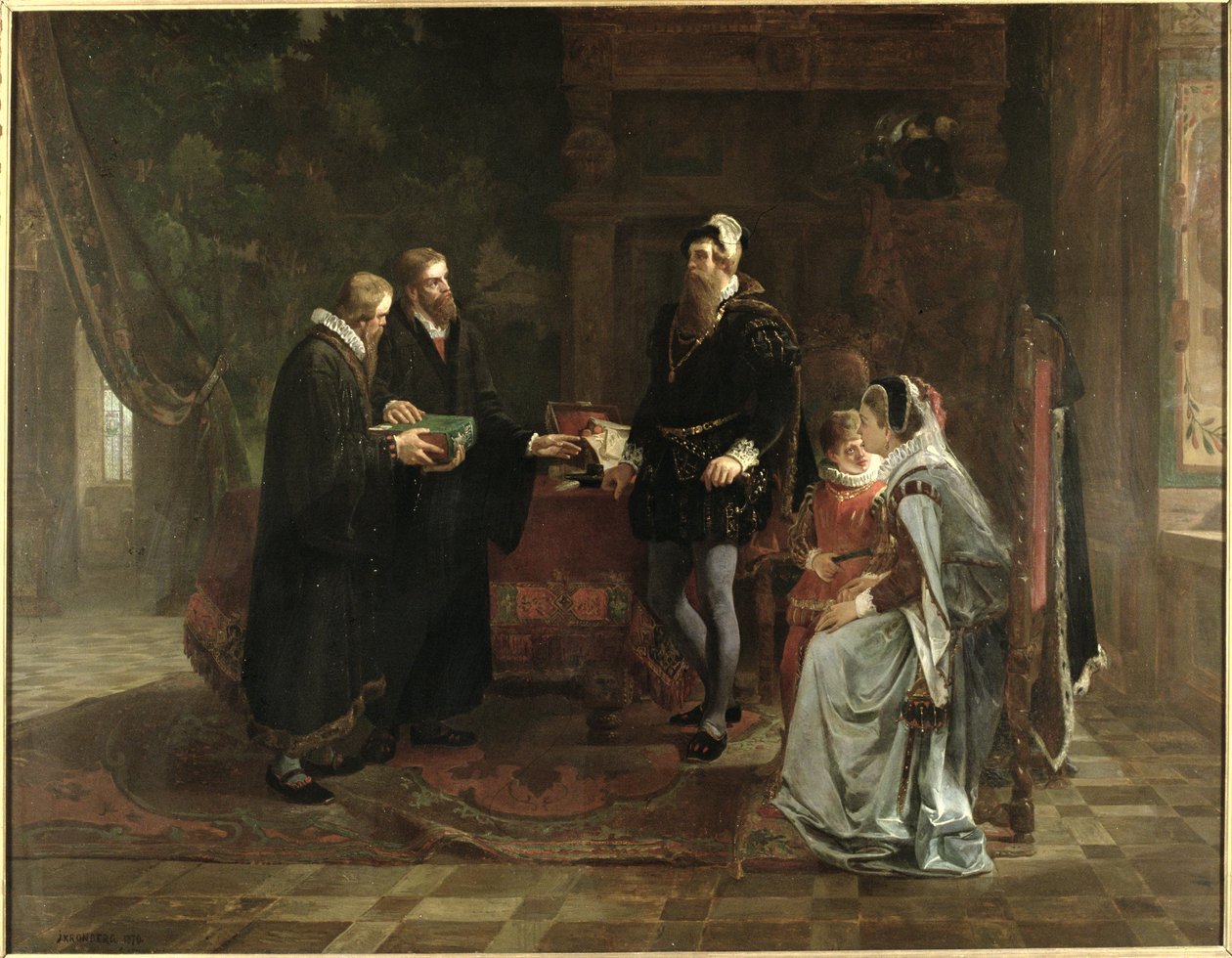 瑞典国王Gustav I Vasa（c.1496-1560）接受瑞典圣经翻译，1870年 作者 朱利叶斯·科隆伯格