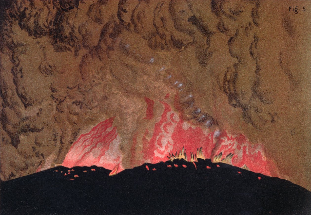 Aphroessa和Georgios熔岩在圣托里尼火山喷发期间流动，由艺术家绘制的Etudes sur les Volcans插图，由Druck和Arnold雕刻，1881年 作者 朱利叶斯或朱尔斯·施密特