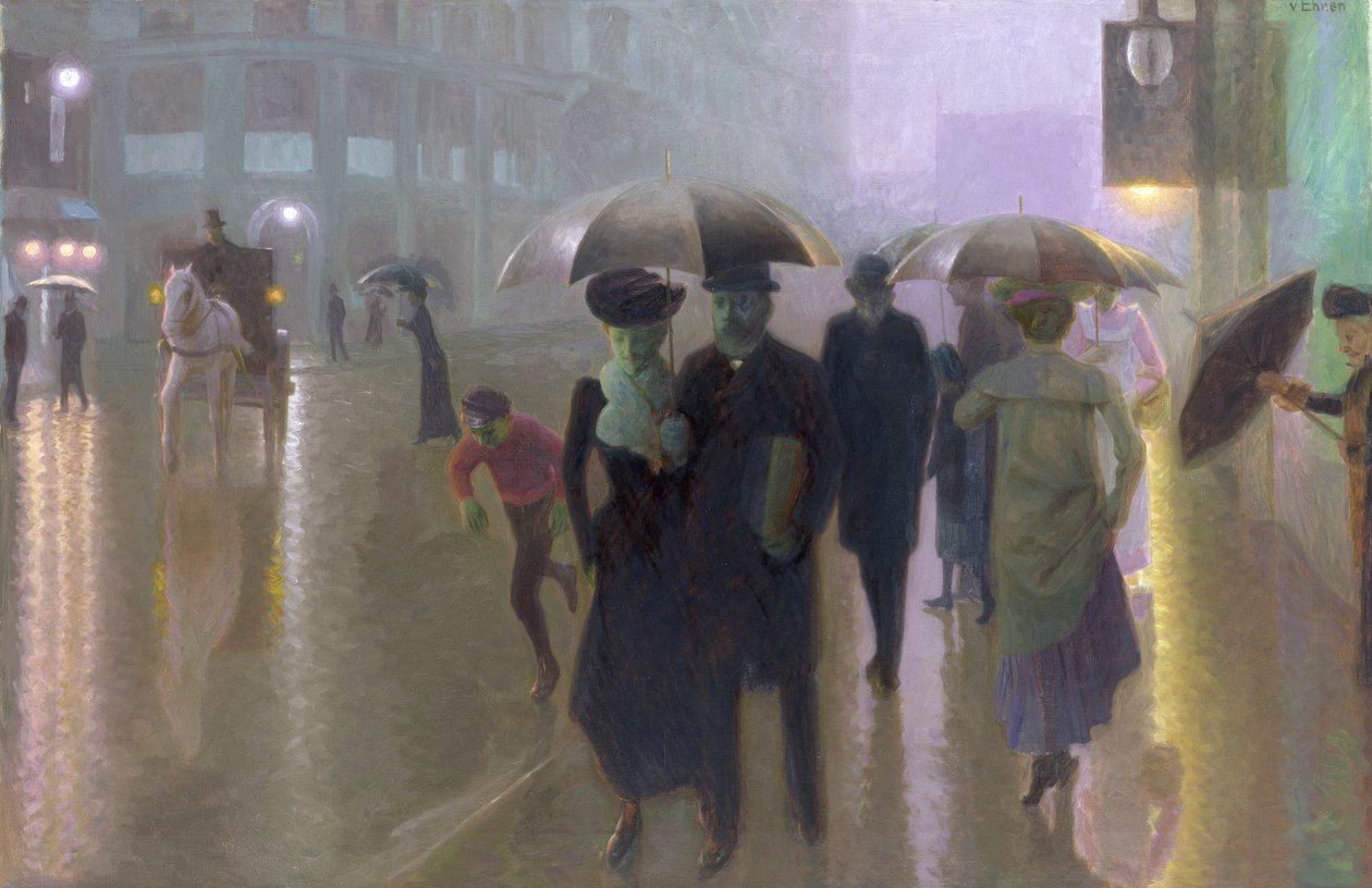 在多雨天气的街道场面 作者 朱利叶斯·奥古斯特·弗里德里希·西奥多·冯·埃伦