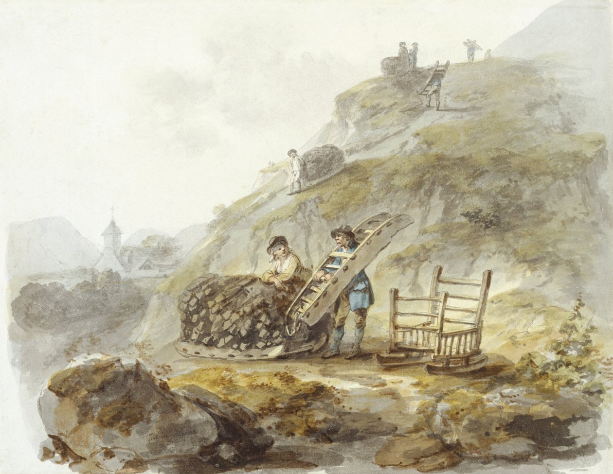 从 Mallwyd 附近的山上获取泥炭的方法，约 1792 年（纸上水彩、墨水和铅笔） 作者 朱利叶斯·凯撒·伊贝森