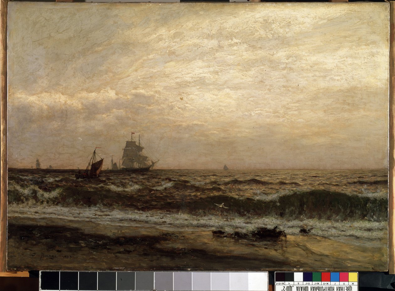 海上有船。 朱利叶斯·弗里德里希·龙​​格（Julius Friedrich Runge，1843-1922 年）的绘画。 布面油画，58.5 x 83.5 厘米 作者 朱利叶斯·弗里德里希·龙格
