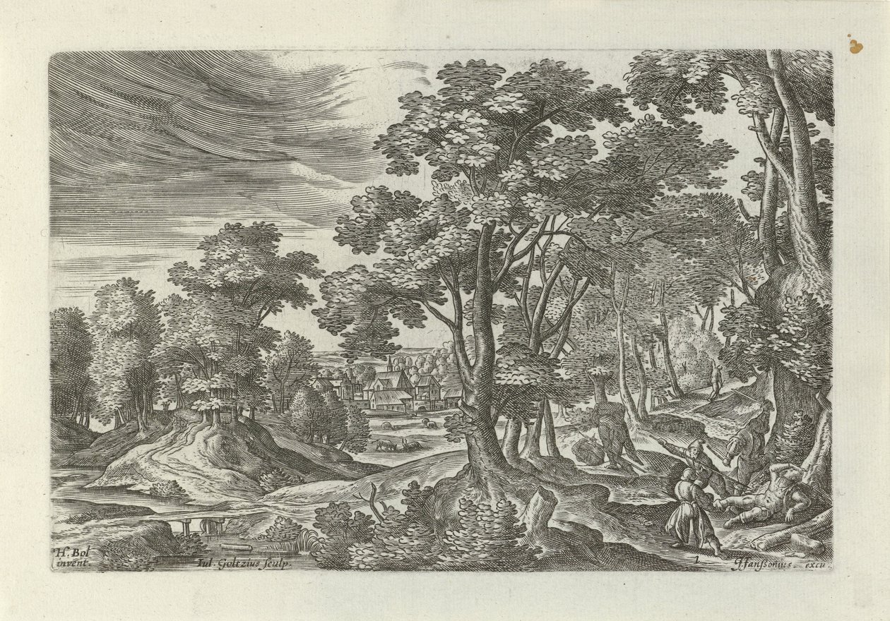 带旅行者劫案的风景画
好撒玛利亚人寓言场景风景画（系列名称） 作者 朱利叶斯·古尔齐乌斯（Julius Goltzius）