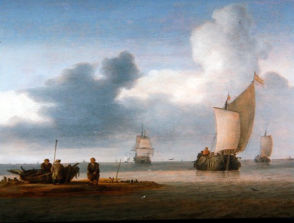 有帆船和渔民的海滩景象（油画板）。 作者 朱利叶斯·波切利斯（Julius Porcellis）