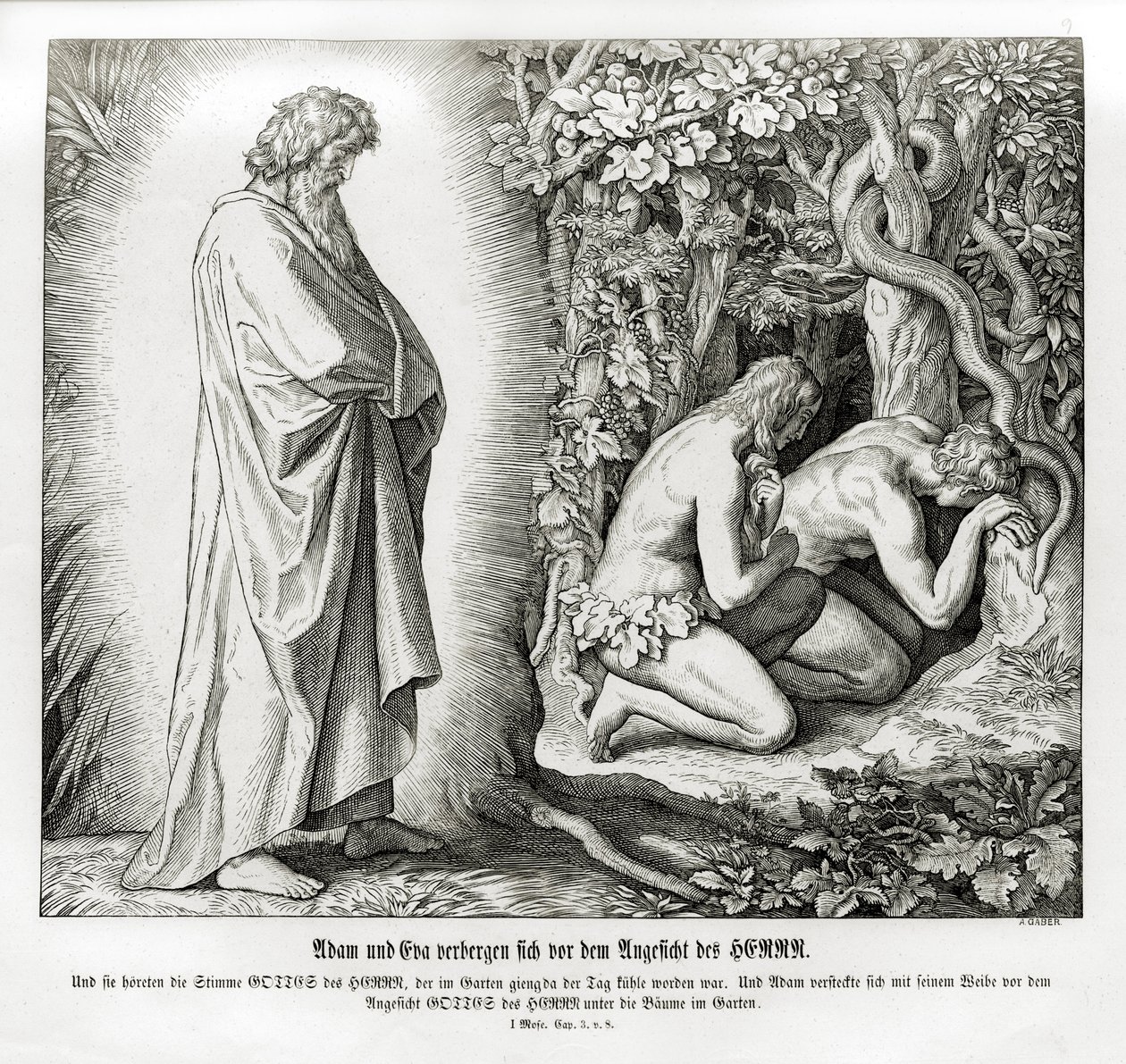 亚当和夏娃隐藏他们的裸体，创世纪 作者 朱利叶斯·施诺尔·冯·卡洛斯菲尔德