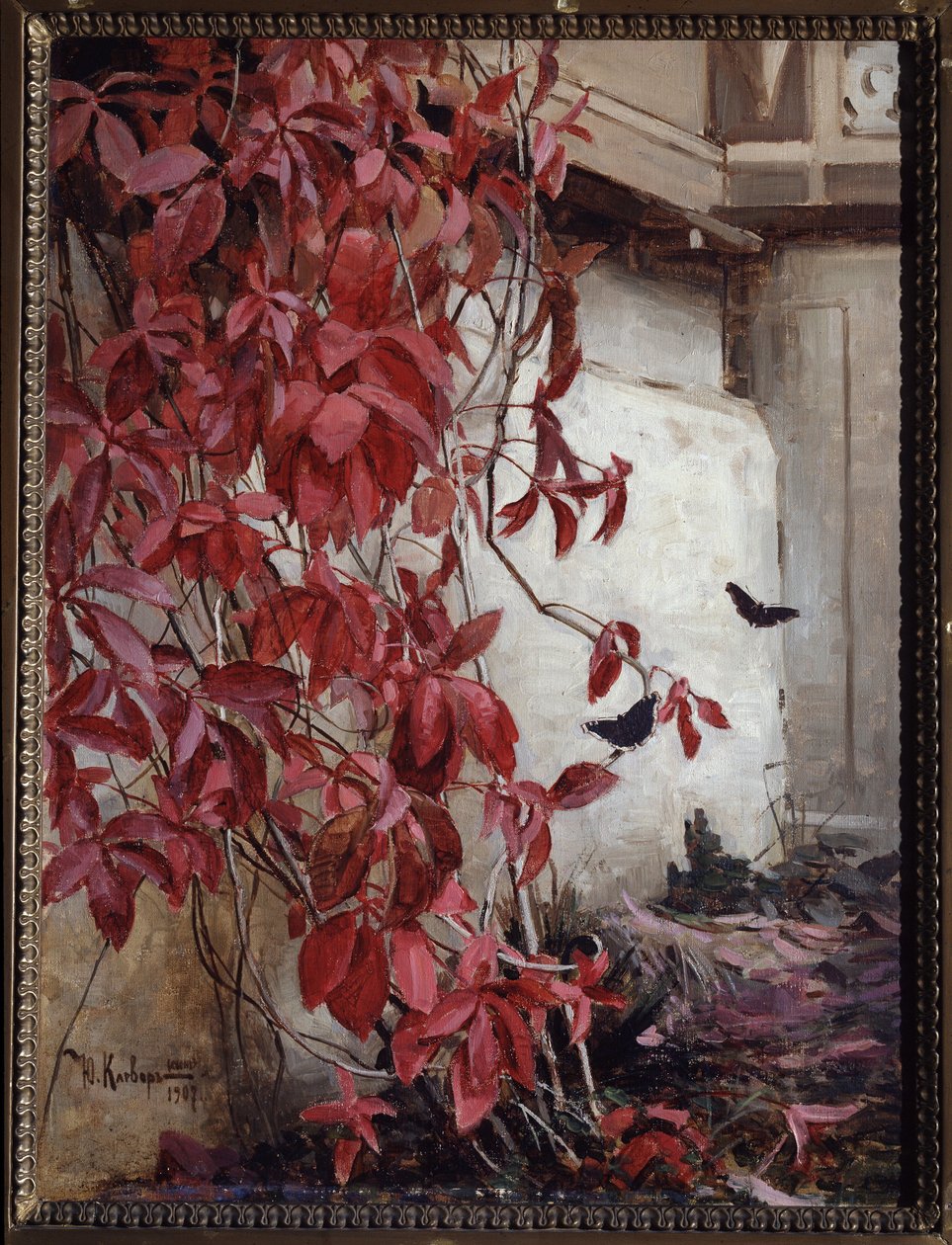 Vigne vierge（弗吉尼亚爬山虎）。朱利-朱利耶维奇（朱利叶斯）-冯-克莱沃（1850-1924 年）的绘画，纸上水彩 作者 朱利叶斯·塞尔吉乌斯·聪明