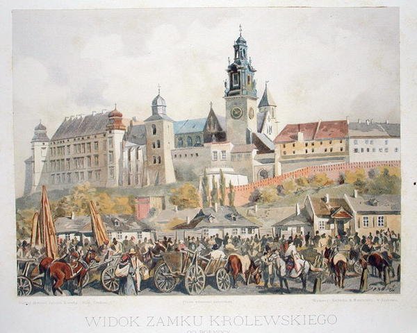 克拉科夫Krolewski城堡的景色，来自《Klejnoty Miasta Krakowa》，1899年出版（彩色平印）。 作者 Juliusza 和 Tondosa Stanislawa Kossaka