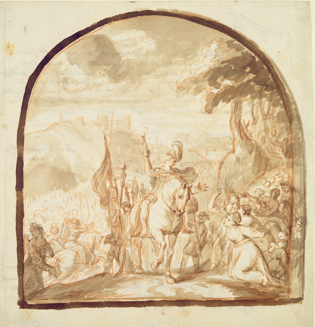 Claudius Civilis离开妇女和儿童去1662年在克桑滕战斗（笔和棕色墨水和粉笔在纸上） 作者 于尔根烤箱