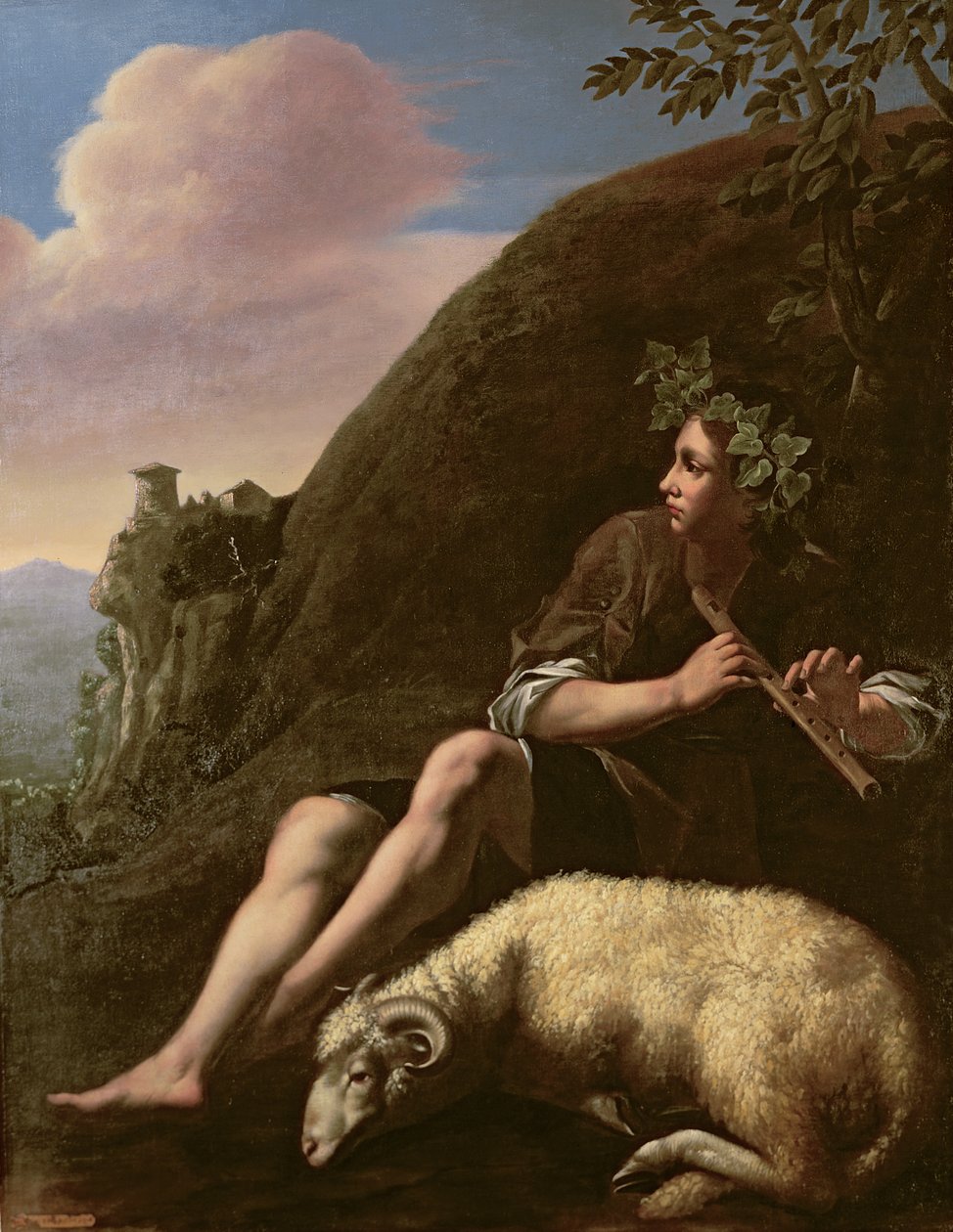 田园牧歌，牧羊人和羊（布面油画）（修复后） 作者 Jusepe de (追随者) Ribera
