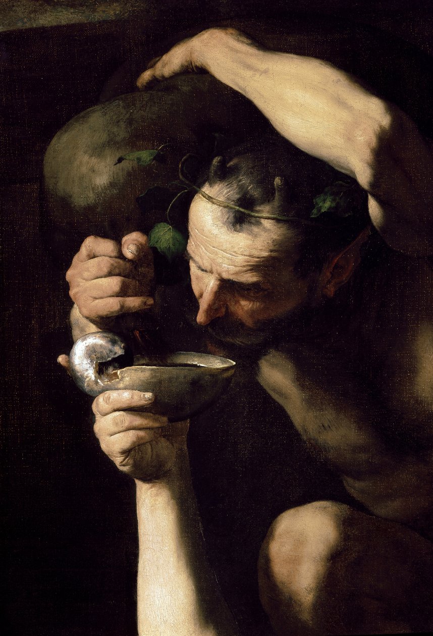 Drunken Silenus - 醉酒的沉默（细节）。 里贝拉的 Jose (Jusepe) 的画作，同上 Spagnoletto (1591-1652) 作者 朱塞佩·德·里贝拉