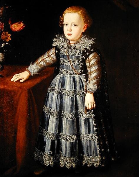 站在桌子旁的儿童肖像（油画板）。 作者 Justus Sustermans