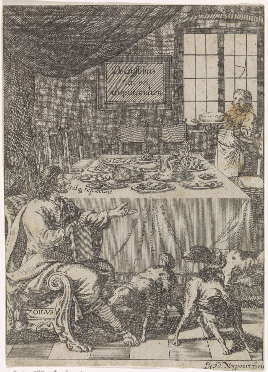 Zoilus 坐在铺好的桌子旁
De Gustibus non est disputandum（关于物品的标题） 作者 贾斯图斯·范登尼普尔特