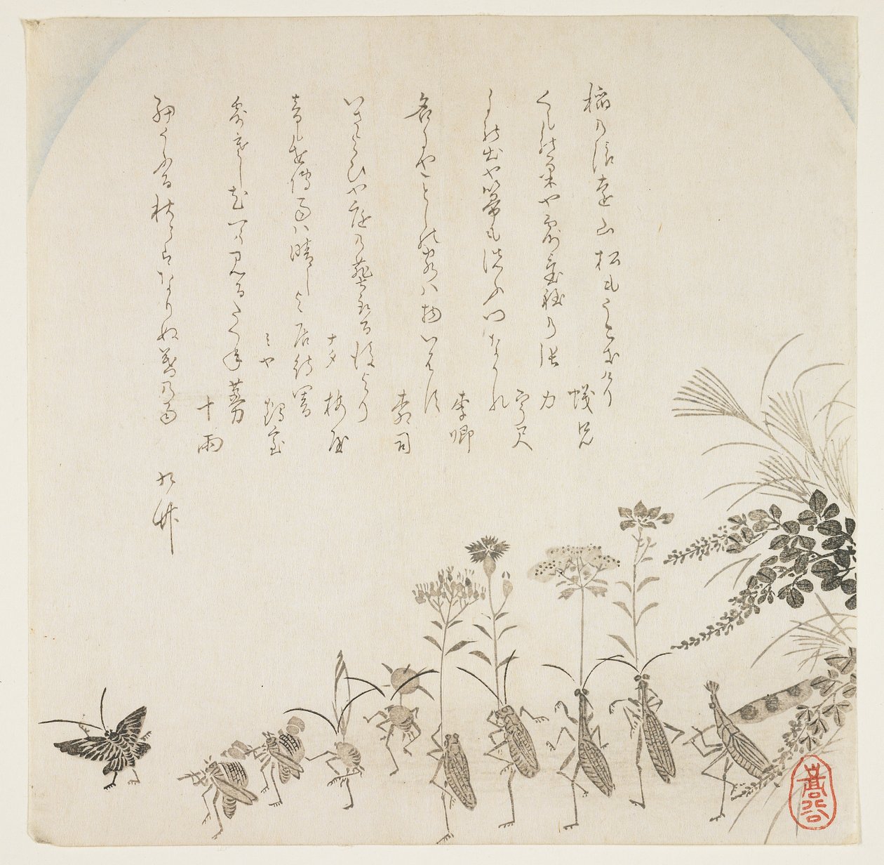秋花和唱歌昆虫，c.1854-59（木版画） 作者 K II Skoku