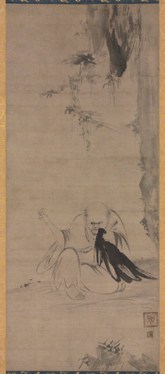 僧人在晨曦中修补衣服 Choyo Hotetsu，约1350或更早。 作者 花王