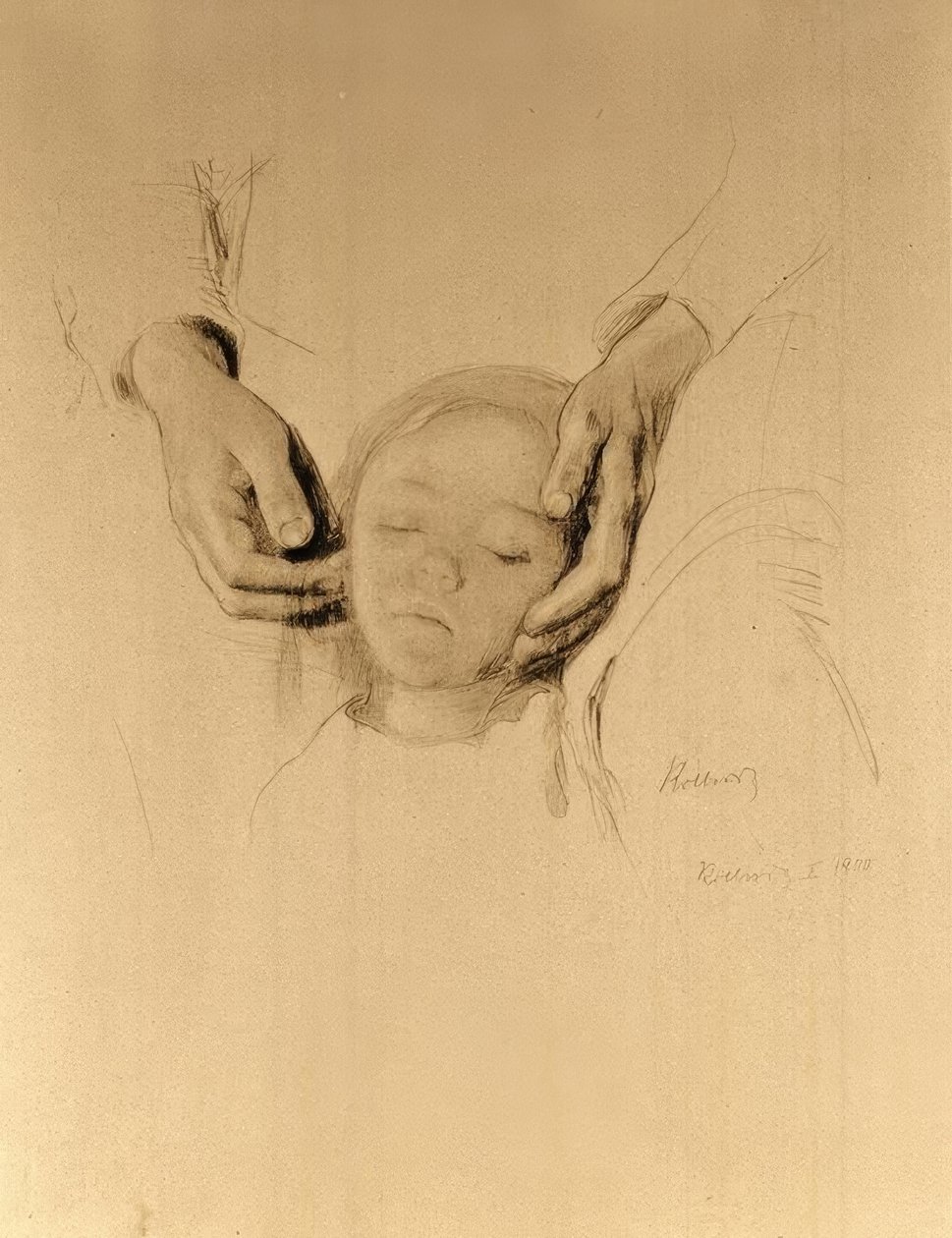 K.Kollwitz，手中的孩子的头。 作者 凯特·珂勒惠支