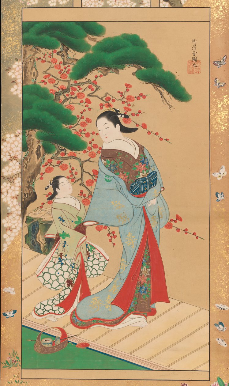 早春的歌妓和随从，18世纪初。 作者 花近堂
