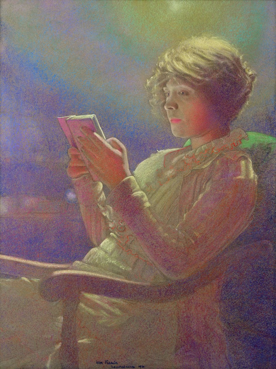 女人读书，1921年（纸上粉彩） 作者 卡米尔·考夫曼