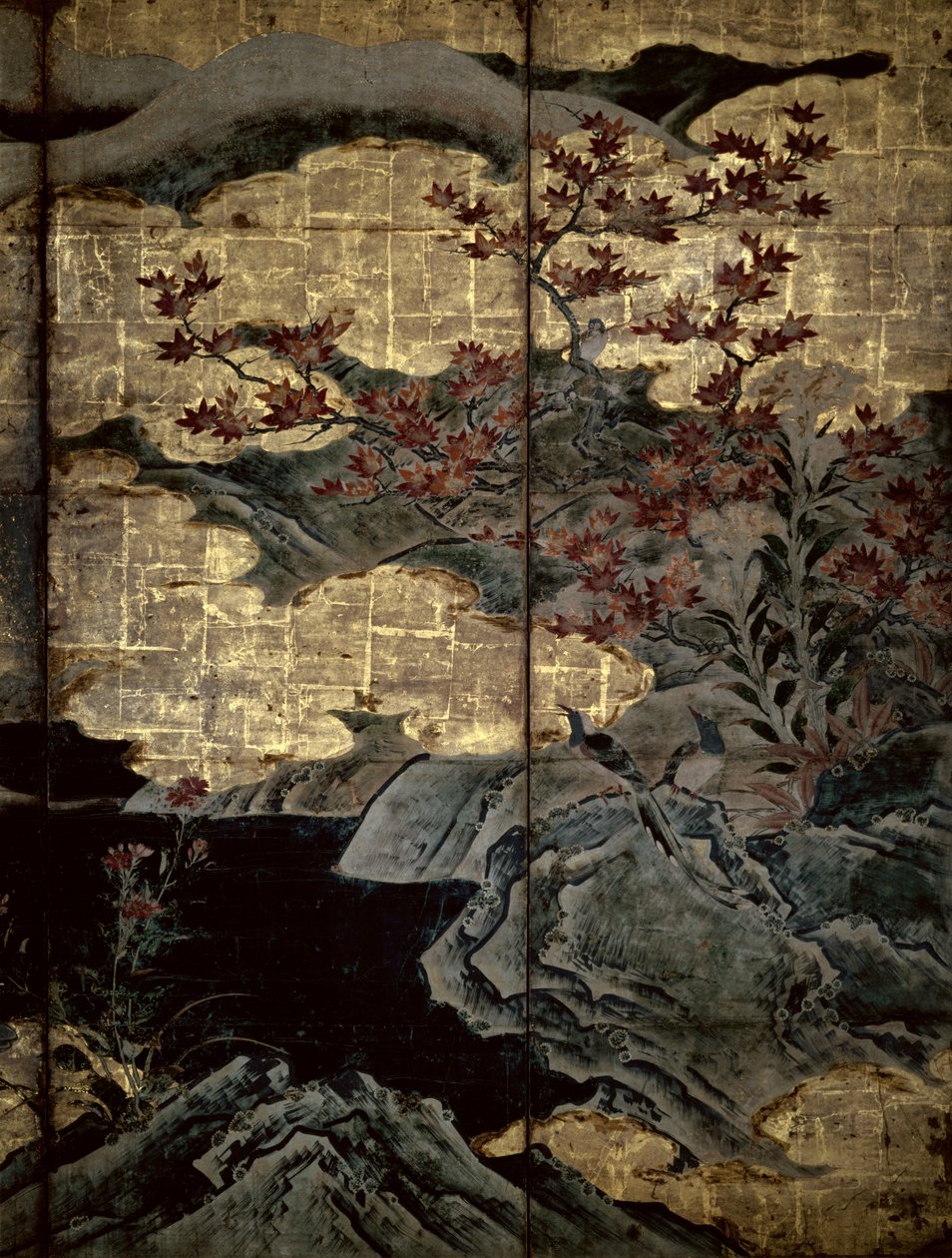 四季的鸟和花（笔和墨水，颜色，面板上的金纸）（见216552,216551） 作者 卡诺搜集